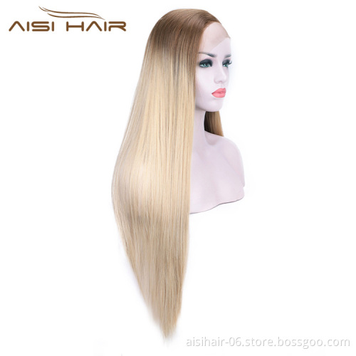 Aisi Hair Ombre Blonde Lace Front Long Wigs Heat Resistant Synthetic Fiber Long Silk Straight Lace Front Wigs For Women